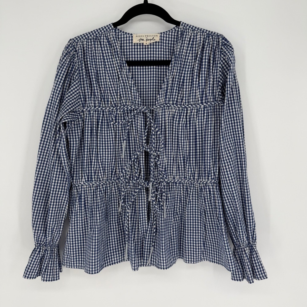 FREE PEOPLE X NIGEL PRESTON POPLIN CINCHED TOP GINGHAM TIE FRONT PEPLUM SMALL